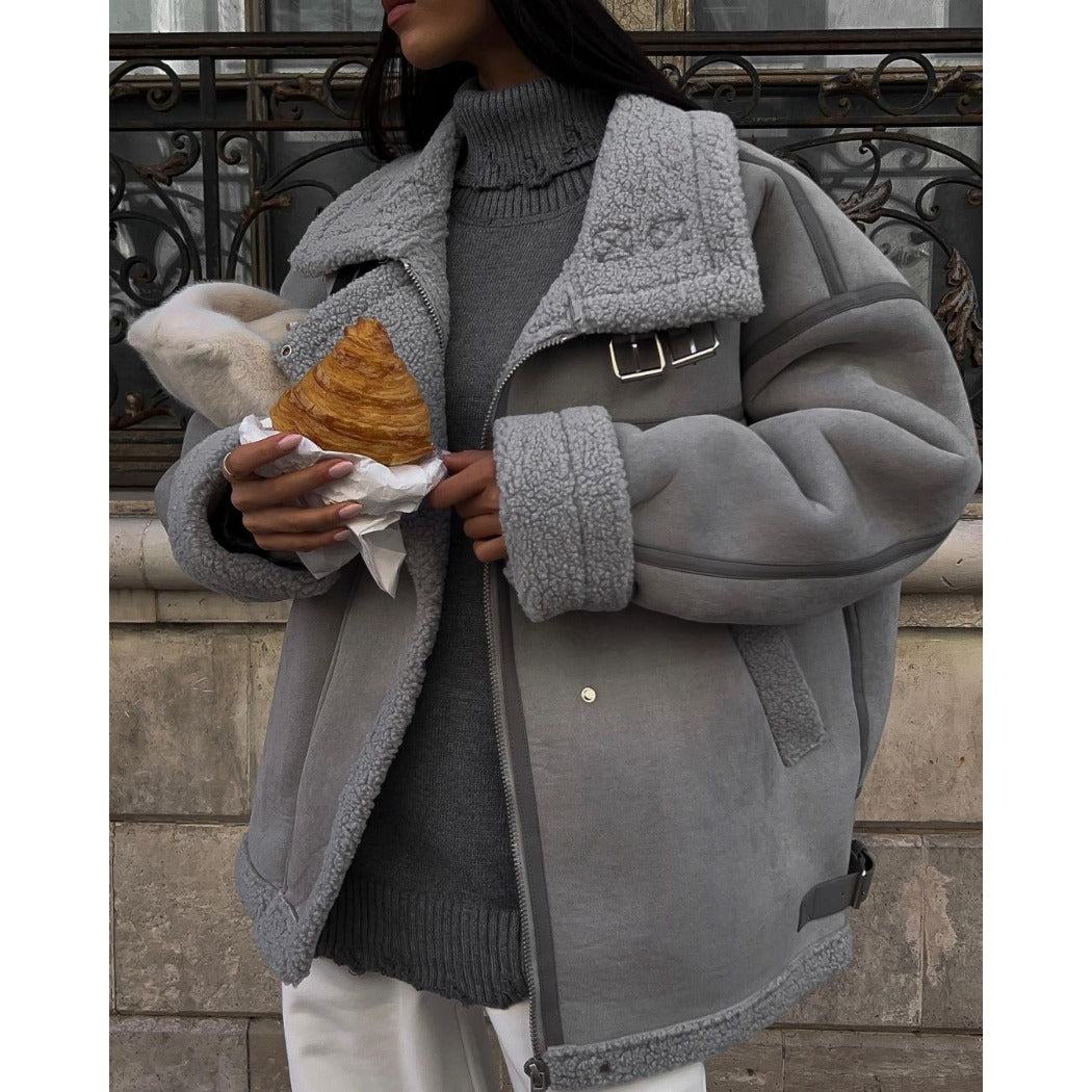 Wholesale One-piece Lambswool Jacket Design Sense Spliced Street Biker Style Cotton Suit